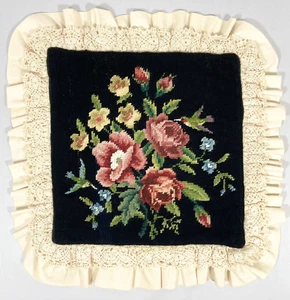 Vtg Needlepoint Pillow Cover Black Wool Rose Floral Humming Bird Finished 16x16" - Picture 1 of 11