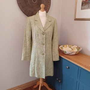 Per Una Lime Green Floral Pure Linen Jacquard Frock Dress Coat 12 Long Jacket - Picture 1 of 16