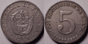 Panama 1961 5 Centesimos KM#23.1 Cu-Ni Coat of Arms Eagle Flags Sword Canal - Picture 1 of 4