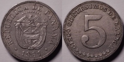 Panama 1961 5 Centesimos KM#23.1 Cu-Ni Coat of Arms Eagle Flags Sword Canal - Image 1 of 4