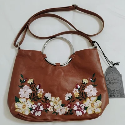Camiseta e jeans floral bordada anel alça bolsa tiracolo conhaque marrom nova - Imagem 1 de 4