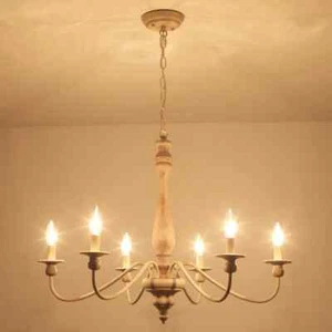 French Country Farmhouse Chandelier Distressed Wood White 6 Light Rustic Fixture - Picture 1 of 9