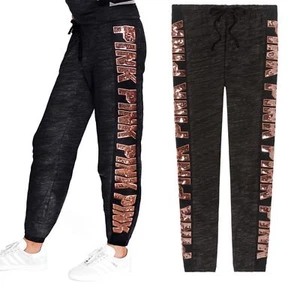 S NWT VICTORIA SECRET PINK Rose Gold Bling Sequin Marled Black Classic Pants NEW - Picture 1 of 4