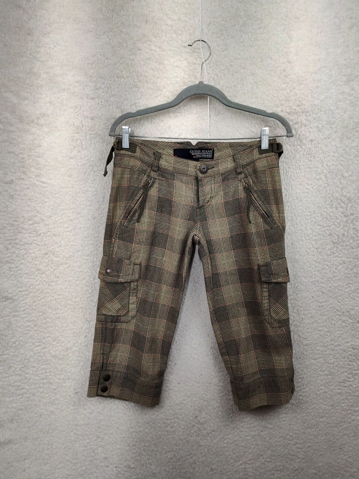 Guess  Women Pants 26 Brown Plaid Cotton Blend Utility Woven Capris Fit Cargo - Image 1 of 4