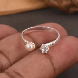 Anillo de plata de ley 925 cristal cuarzo y perla doble piedra textura para madre - Imagen 1 de 9