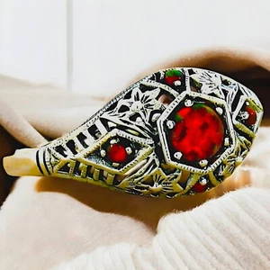 VICTORIA ANTIQUE STYLE 925 STERLING SILVER LAB RED FIRE OPAL FILIGREE RING #136 - Picture 1 of 4