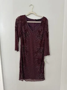 Pisarro Nights Dress Womens Size 10 V Neck Beaded Cocktail Purple - Picture 1 of 7