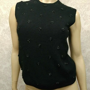 Vintage 60s Beaded Sleeveless Shell Wool Sweater Top Black Size S Prinstyle  - Bild 1 von 12