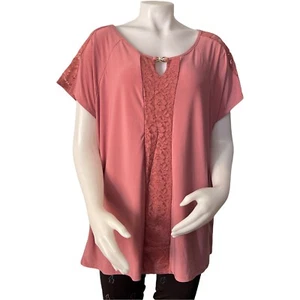 Damen Bluse Größe 2X EMMA & OLIV Kurzarm, Spitzendetails, rosa - Bild 1 von 11