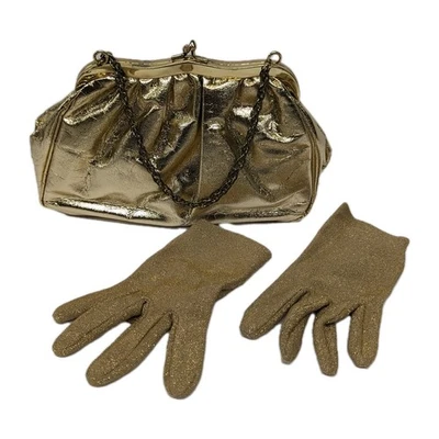 Vintage Gold Lame Evening Wristlet Kisslock Bag Purse & Gold Glitter Gloves - Image 1 of 4