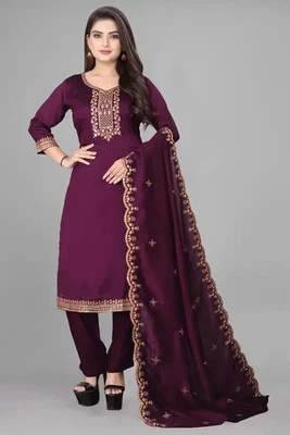 Conjunto de túnica feminina mistura de seda Kurti vestido de casamento indiano Kurta Pant Dupatta - Imagem 1 de 4
