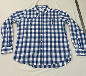 Ryan Michael Pearl Snap Shirt Mens Large Linen White Blue Plaid Long Sleeve EUC - Picture 1 of 9