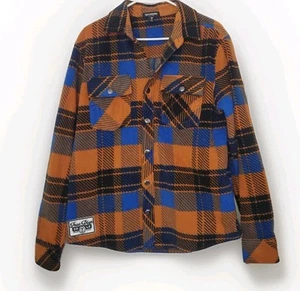 True Religion Polar Fleece Shacket Mens Medium Orange Plaid Snap Button VGUC - Picture 1 of 5