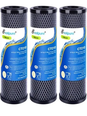 Whole House CTO Carbon Water Filter Cartridge 1 Micron 2.5" x 10" 3 Pack - Image 1 of 4