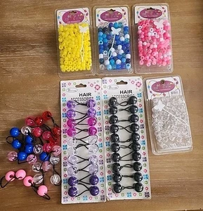 Pink Yellow Blue Clear Hair Beads Accessories Ponytail Holders Lot 6 Kids Hair - Picture 1 of 10
