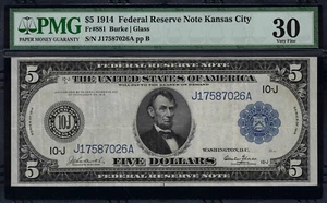 1914 $5 Federal Reserve Note Kansas City FR-881 - Graded PMG 30 - Very Fine - Picture 1 of 2