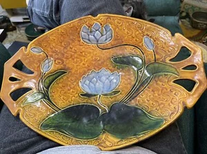 VINTAGE DEUTSCHLAND MAJOLIKA WASSERLILIEN 14"" X 10"" GROSSE PLATTE #1616 - Bild 1 von 11