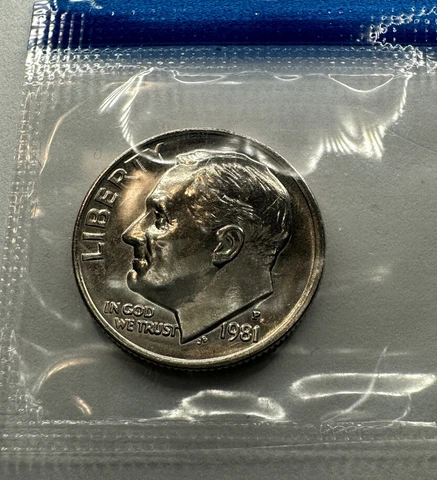 1981-P Roosevelt Dime 10cent Coin Uncirculated In U.S Mint Cello Untouched Cover