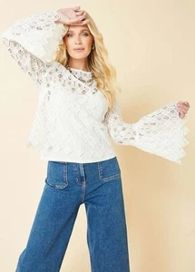 Womens Lace Floral Tunic Tops Ladies Casual T Shirt Blouse Fluted Sleeves UK 12 - Picture 1 of 6