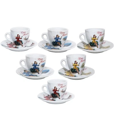 Porcelain Espresso Cups and Saucers, Vespa Scene Design, 3 Oz, Set of 6 - Image 1 of 4