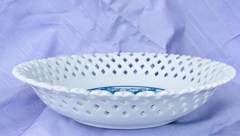 Beautiful Asian Ceramic Bread Bowl. White And Blue Cover