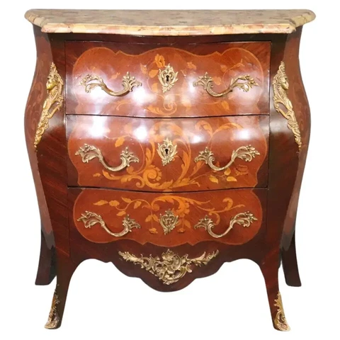 Fine Quality Figural Bronze Inlaid Walnut Marble Top Louis XV Commode Circa 1910 Cover