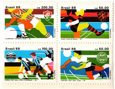 BRAZIL 1988 FAMOUS SOCCER CLUBS FLUMINENSE,do Recife,Coritiba,Grêmio 4 STAMP MNH - Image 1 of 4