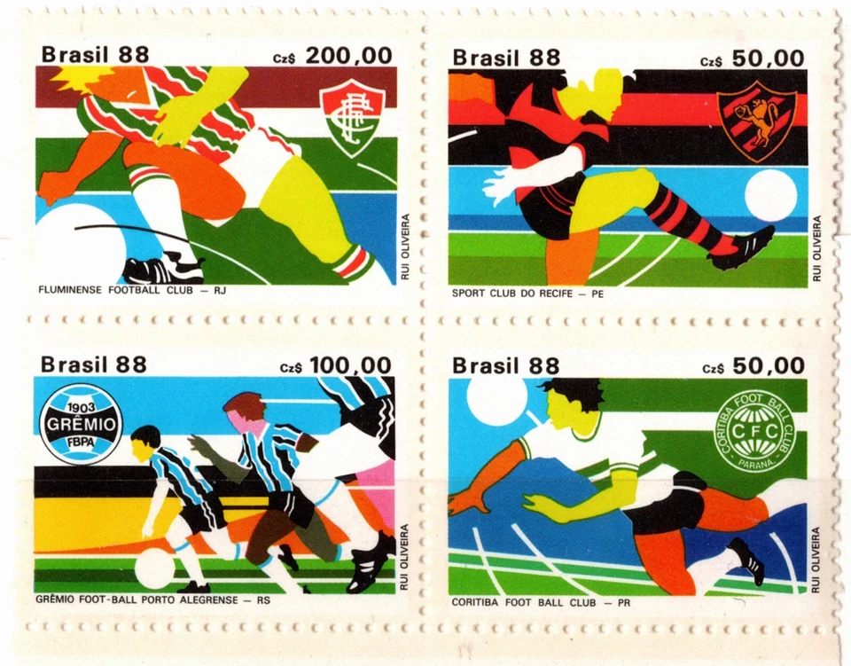 BRAZIL 1988 FAMOUS SOCCER CLUBS FLUMINENSE,do Recife,Coritiba,Grêmio 4 STAMP MNH - Image 1 of 4