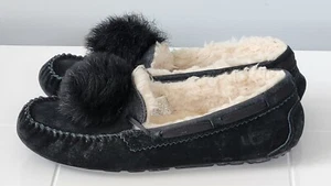 UGG Dakota US 10 Fur Pom Pom Fully Lined Suede Black Slipper House Shoe - Picture 1 of 9
