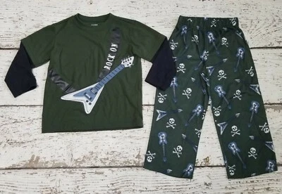 GYMBOREE XS 3 4 мальчика зеленый рок гитара черепа пижамы комплект DC-TT20 - Изображение 1 из 4