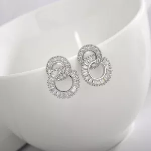 Unique Shine Double Round Full White Topaz Gemstone Silver Stud Earrings - Picture 1 of 5