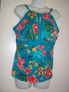Lands' End Keyhole Teal Swimsuit Tankini Top High Neck Tankini Floral~SZ 14~EUC - Picture 1 of 7