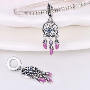 Dije atrapasueños rosa mariposa azul esmalte de plumas plata esterlina 925 - Imagen 1 de 1