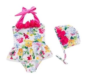 Fuchsia Floral Ruffle One-Piece Swimsuit with Hat – Toddler Girl Swim Set (1–6T) - Picture 1 of 2