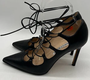 Manolo Blahnik RE-SOLED 'Rogusta' Black Leather Lace-Up Pointed Toe Heel sz 37.5 - Picture 1 of 3