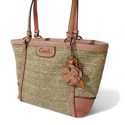 Auténtico bolso de mano COACH Flower beige lino Foto 1 de 4