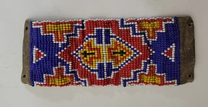 🪶 Vintage Native American Style Beaded Leather Panel – Geometric Seed Beads - Picture 1 of 6