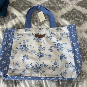Laura Ashley Floral Large Canvas Tote Bag White & Blue Cottagecore Boho NWT - Picture 1 of 7