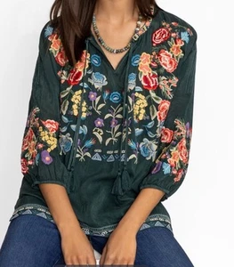 JOHNNY WAS Zadonia Brucie Green Embroidered Tassel Tie Blouse Shirt Size M NWT - Picture 1 of 10