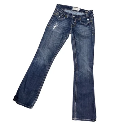 Pantalones de mezclilla Y2K MEK corte bota lavado oscuro adornados desgastados para mujer Foto 1 de 4