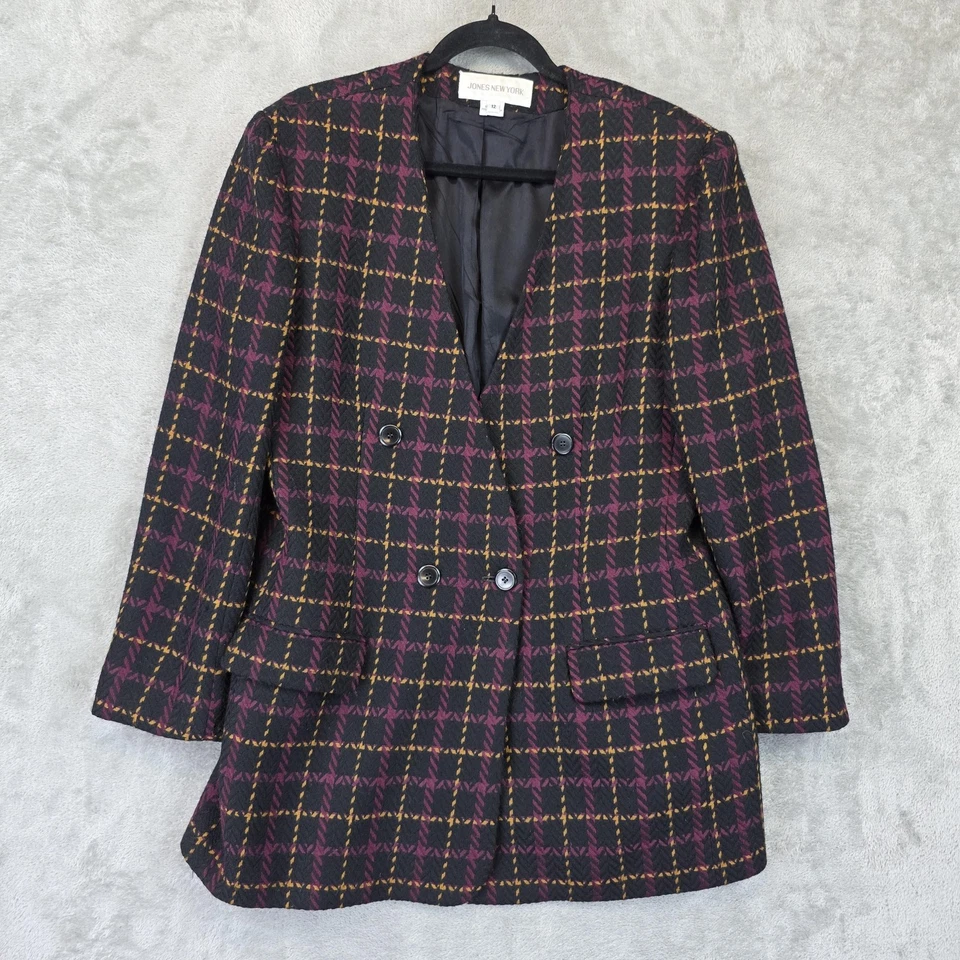 ВИНТАЖНЫЙ Jones New York Blazer куртка женщин 12 черный клетку шерсти сделано в США 90-х - Изображение 1 из 4