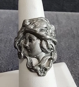 Vintage Antique Art Nouveau Lady Maiden Flowing Hair Silver Tone Estate Ring 6.5 - Picture 1 of 5
