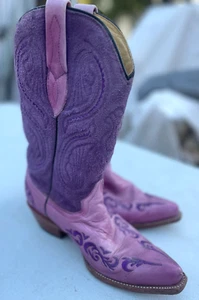 American Made Women’s Pink & Purple Leather Corral Cowboy Boots - Size 7 US - Picture 1 of 5