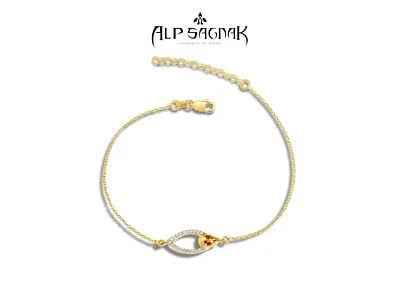 Alp Sagnak 14 K Yellow Gold Skull Bracelet Diamonds Rubies - Image 1 of 4