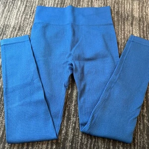 Yoga Leggings Womens M Crop Ribbed Seamless Mid Rise Waist Athletic Blue Gym - Picture 1 of 8