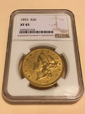 1853 XF45 NGC Liberty Double Eagle Type 1 $20 Gold Coin good details (no PCGS) - Image 1 of 2