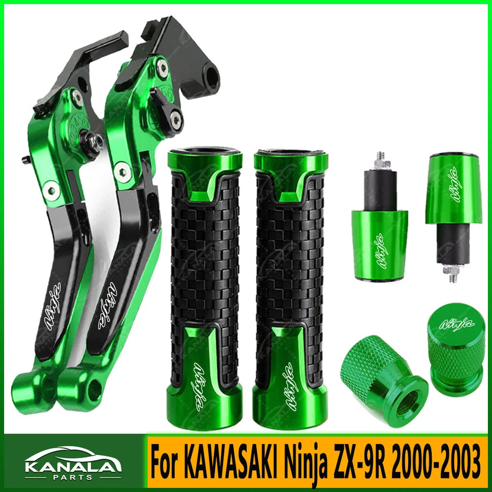 Green Handle Grips Cap Brake Clutch Levers Set For KAWASAKI Ninja ZX9R 2000-2003 - Изображение 1 из 1