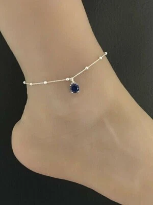 1Ct Round Cut Blue Sapphire Lab-Created Women's Anklet's 14K White Gold Plated - Image 1 of 4