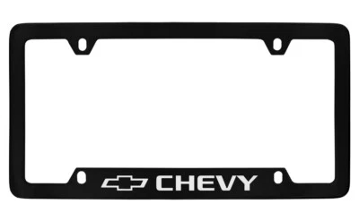 Chevrolet Chevy wordmark black coated metal license plate frame holder 4 hole - Image 1 of 2