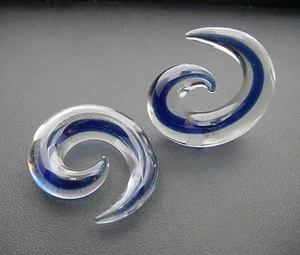 PYREX GLASS 00G 10MM BLUE SPIRALS PLUGS BODY JEWELRY SPIRALS - Picture 1 of 1